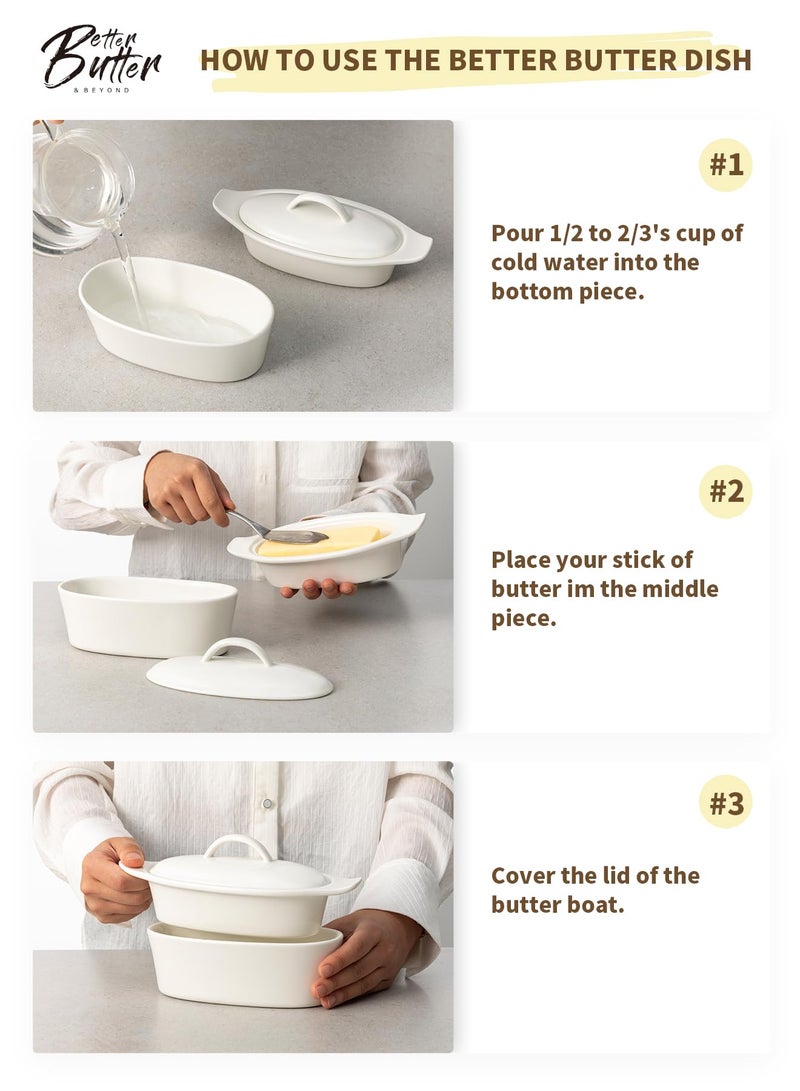 Better Butter طبق زبدة مع غطاء لسطح الطاولة - بورسلين أبيض، 3 قطع طبق زبدة كبير مع غطاء، حاوية حفظ الزبدة مع خط الماء مثالية للتخزين اليومي، حامل زبدة مع مقبض - لتزيين المطبخ - Image 5